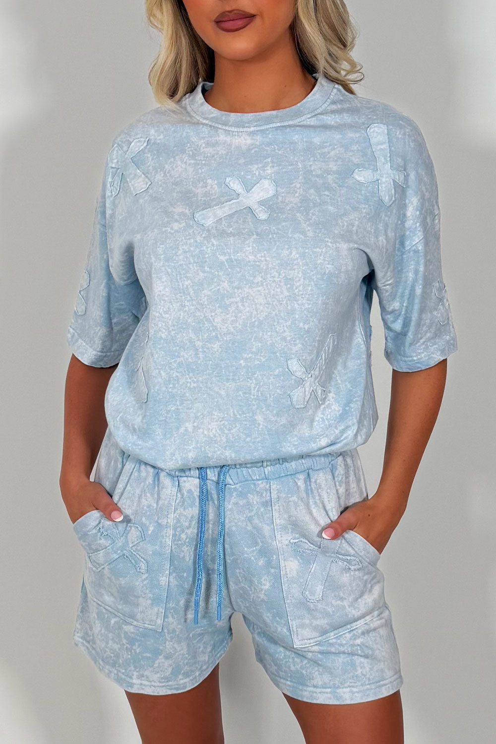 womens cross applique tee shirt and shorts summer lounge set co ord airport travel outfit styledup uk