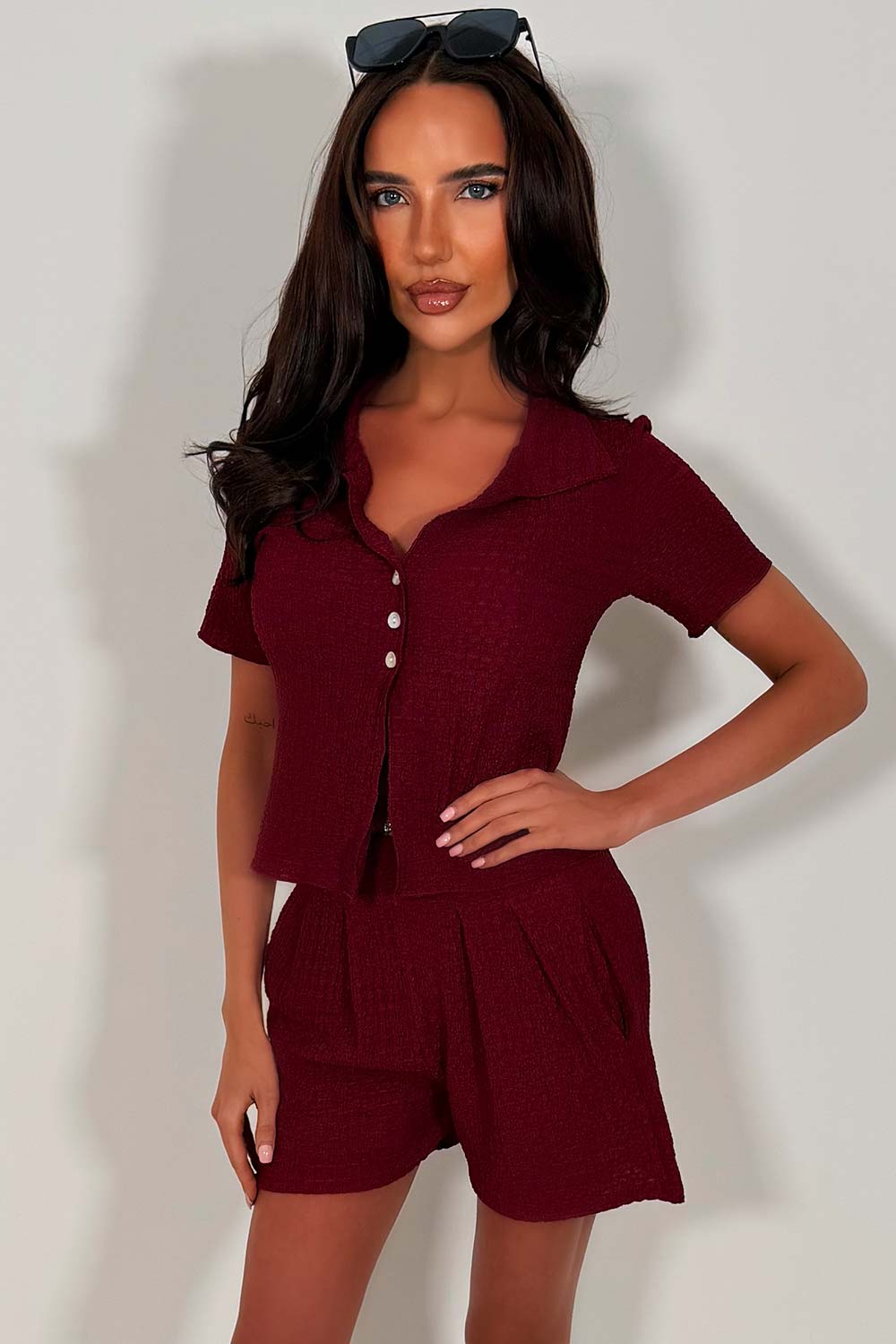 zara womens textured top and shorts two piece holiday outfit burgundy styledup uk