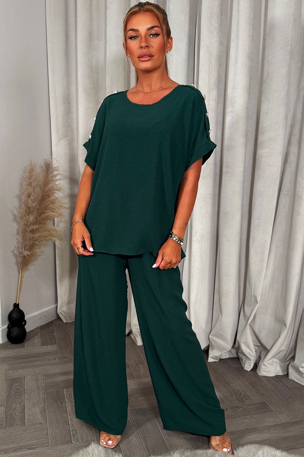 womens gold button oversized top and trousers two piece co ord set christmas party outfit