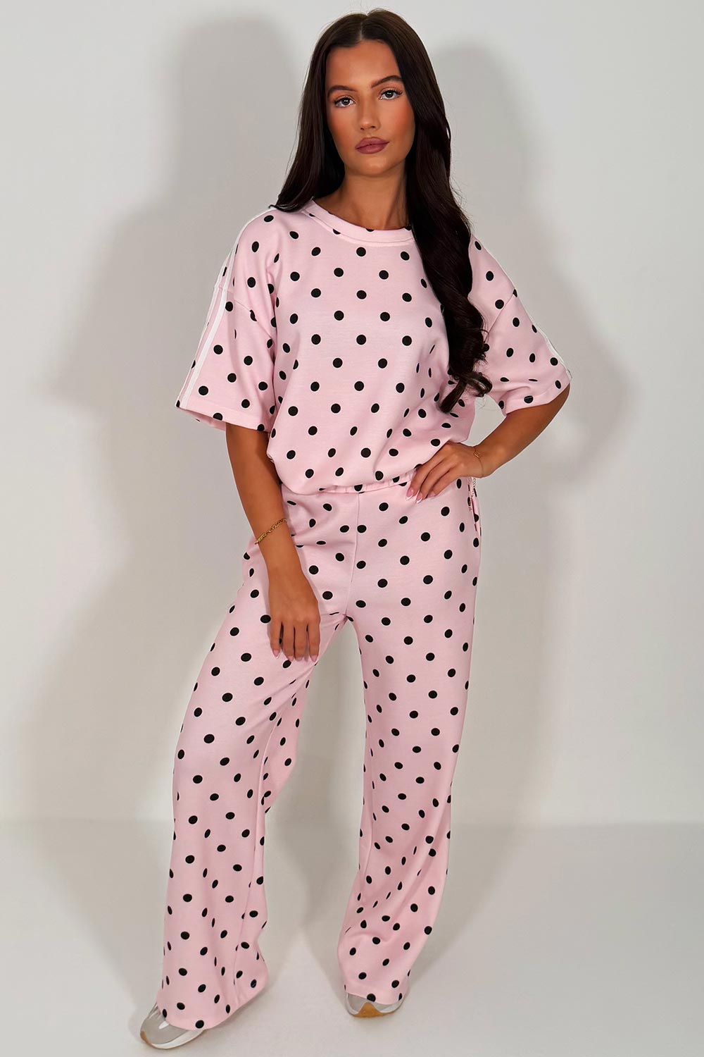 womens polka dot trousers and top co ord lounge set airport outfit adidas uk sale styledup