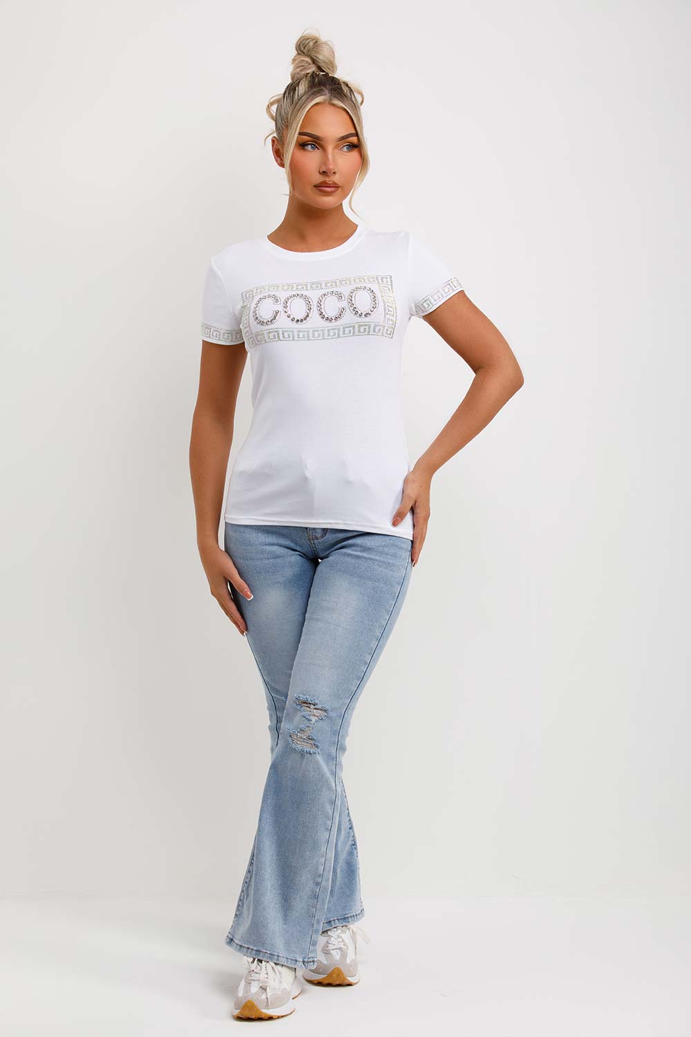 womens white t shirt with sparkly diamante co co slogan embellishment