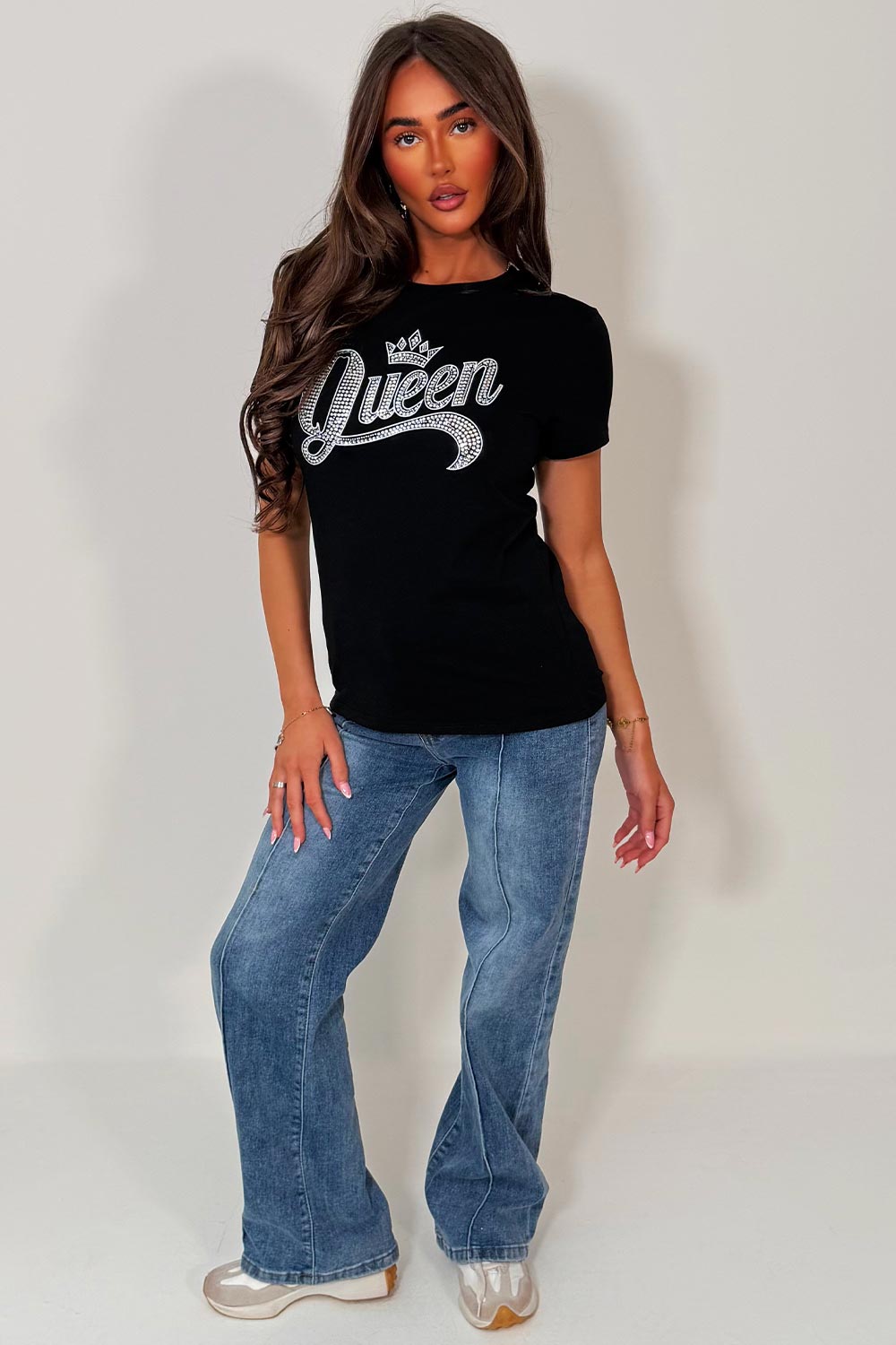 womens rhinestone diamante queen slogan embellishment t shirt black