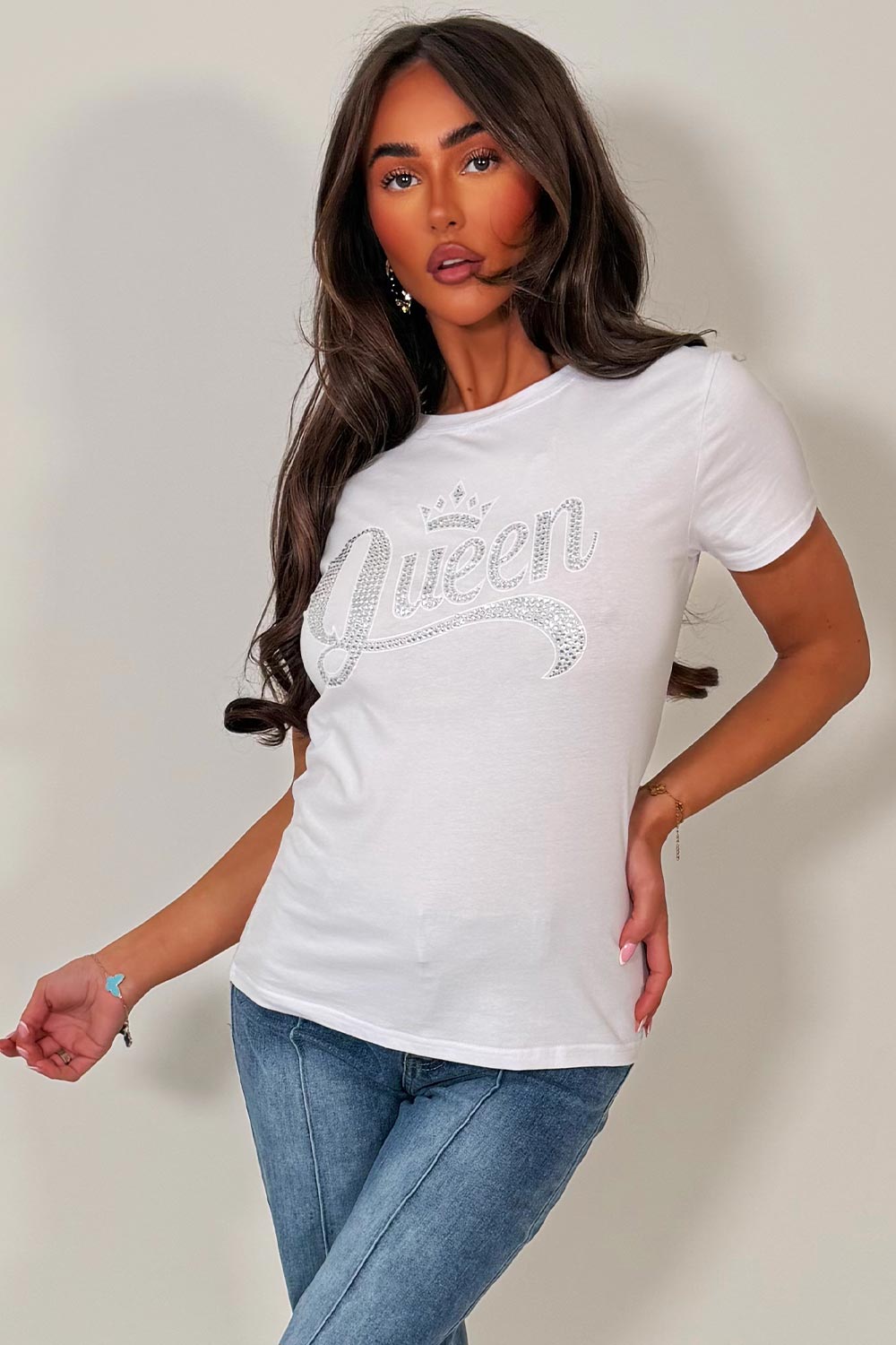 diamante queen rhinestone white baby tee shirt styledup fashion