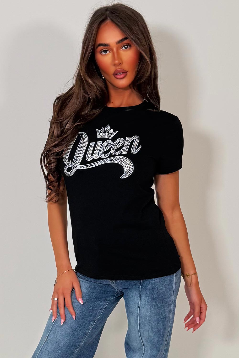 womens black diamante rhinestone embellihment t shirt styledup uk