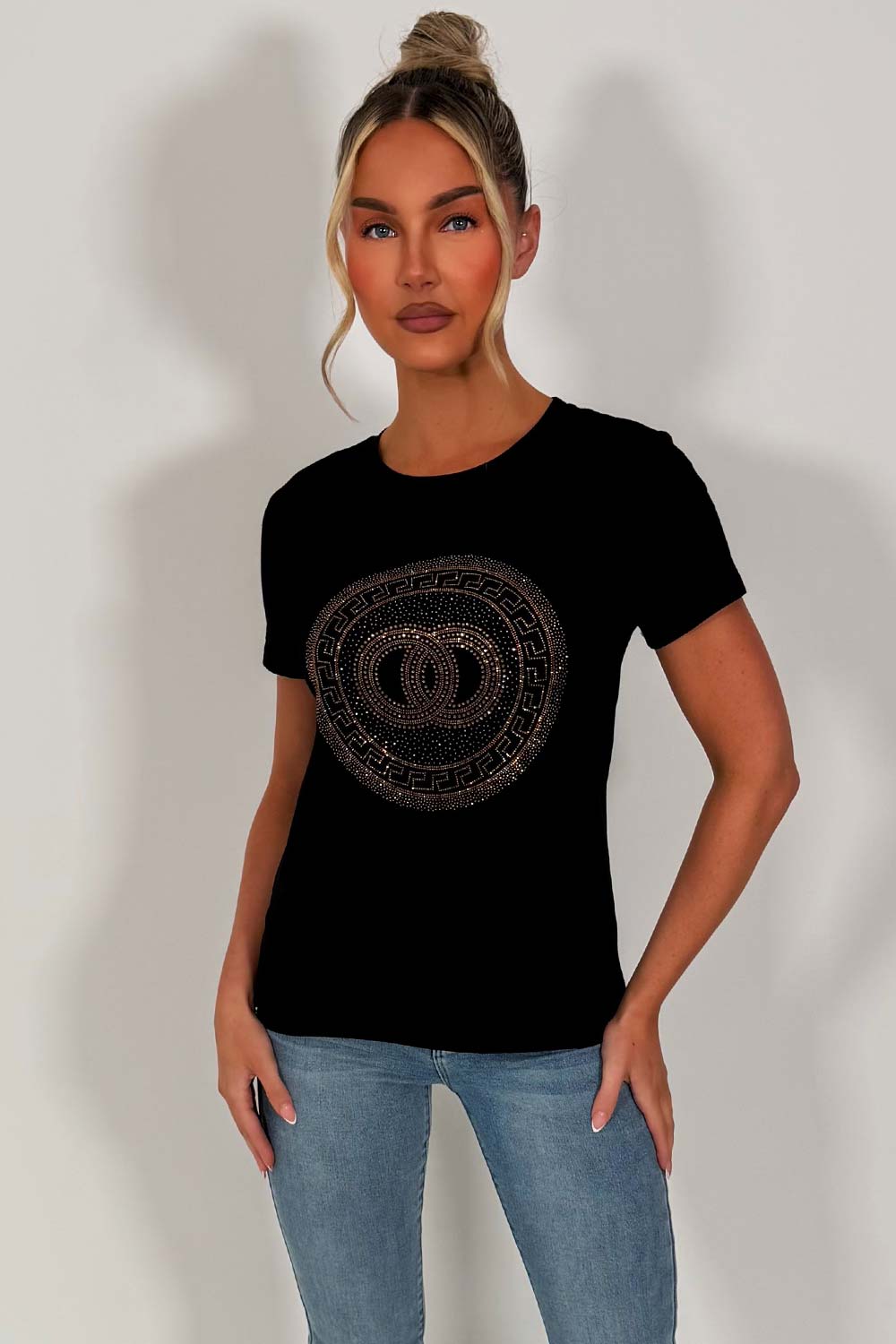 womens black diamante rhinestone embellihment t shirt styledup uk