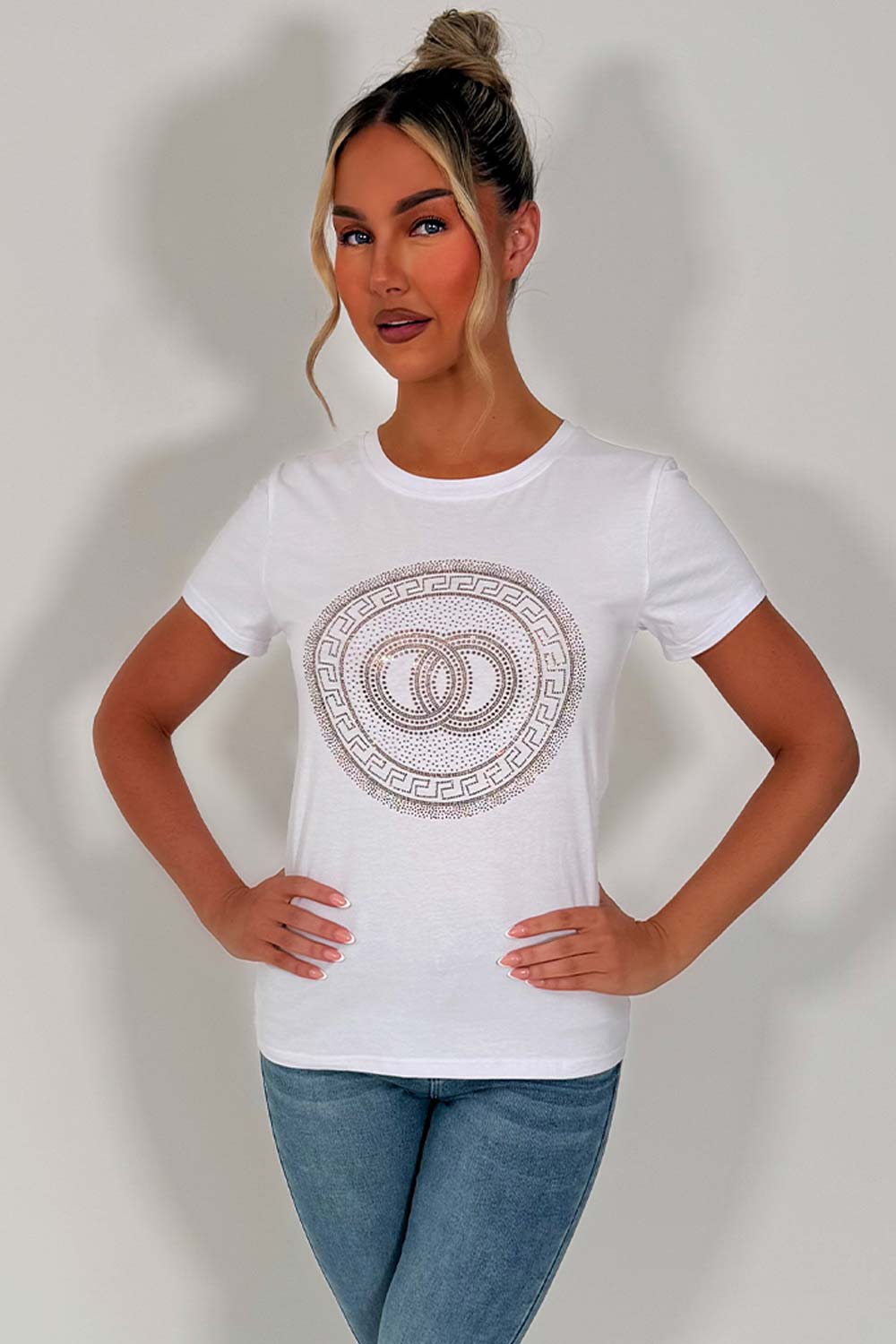 womens white t shirt with diamante rhinestone embellishment