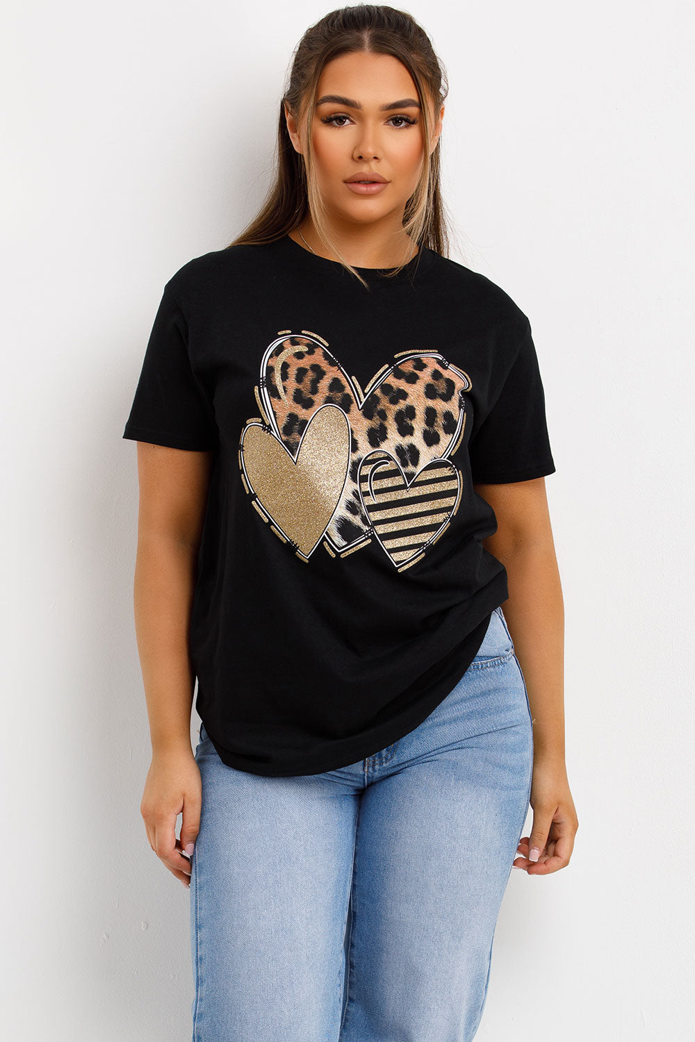 leopard print heart graphic oversized t shirt black