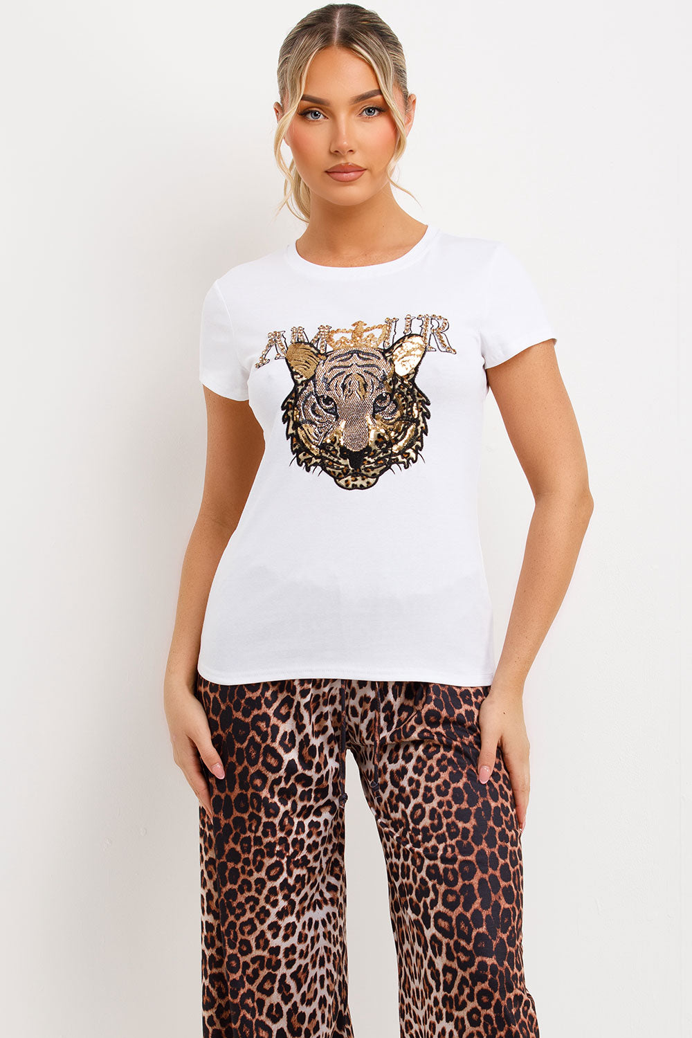 white t shirt with diamante tiger detail