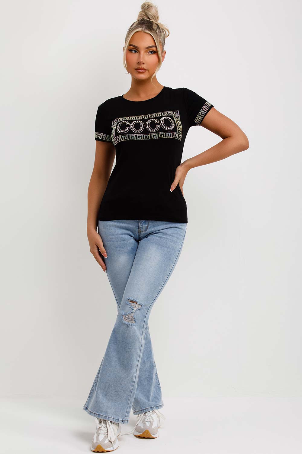 sparkly diamante co co embellishment black t shirt womens
