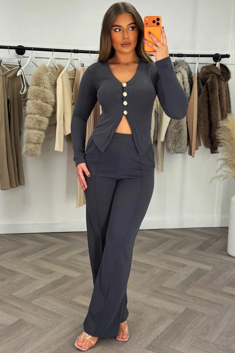 wide leg trouser and long sleeve gold button top co ord set charcoal styledup