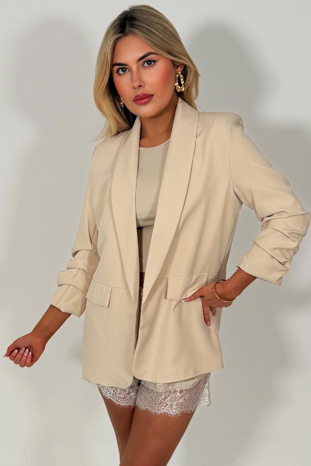 beige ruched sleeve blazer for womens occasion outfit styledup