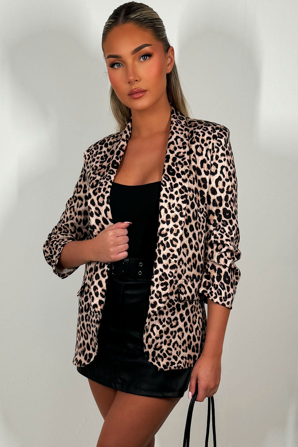 womens ruched sleeve leopard print blazer jacket