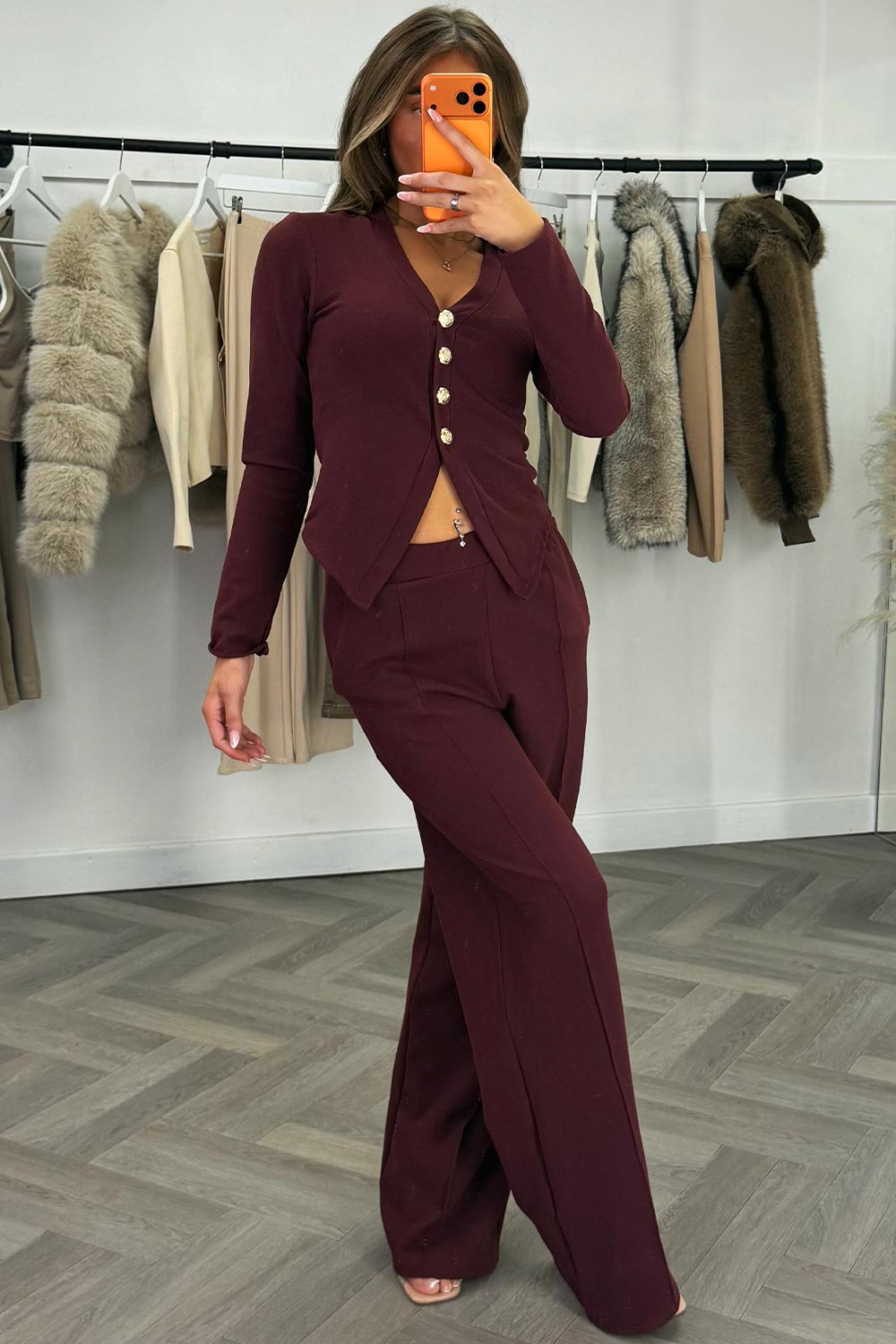 womens gold button long sleeve top and wide leg trousers co ord set burgundy christmas party outfit for womens styledup