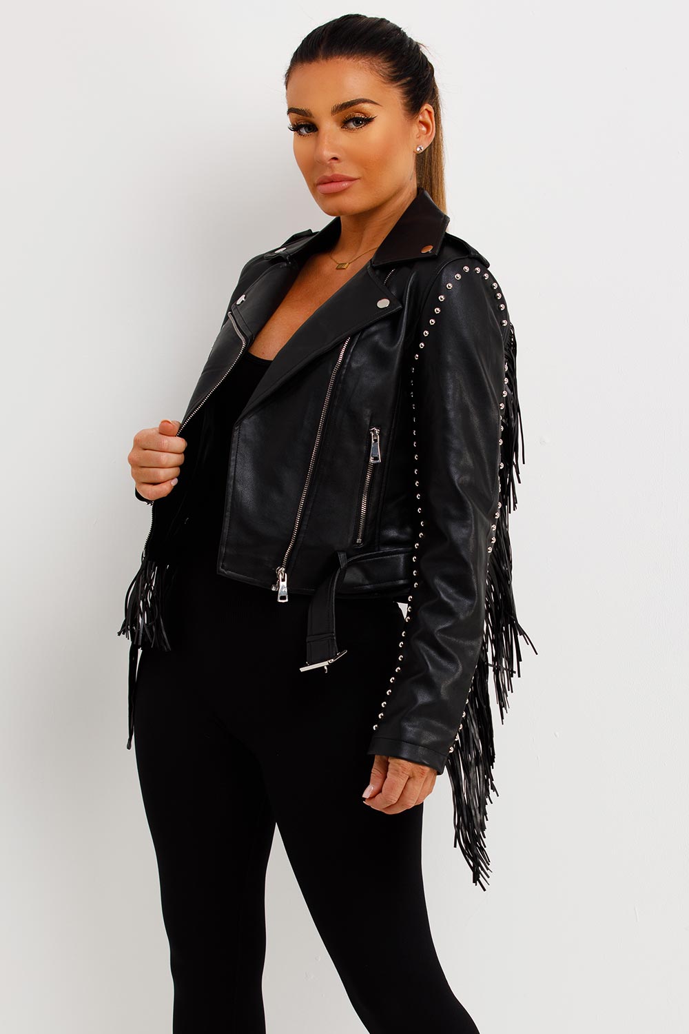 faux leather fringed biker jacket