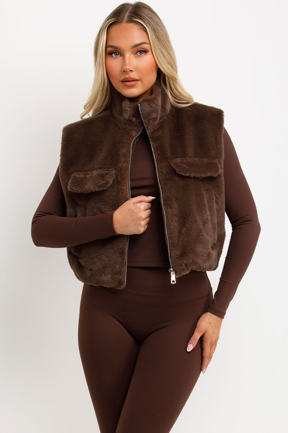 zip up front teddy gilet cropped