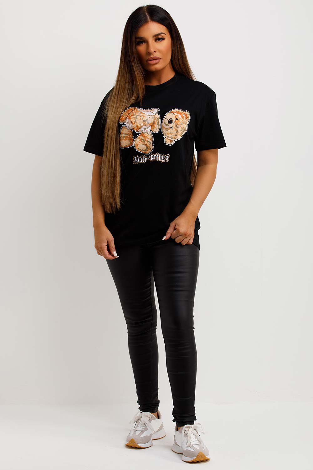 womens black t shirt with teddy bear graphics and palm springs slogan