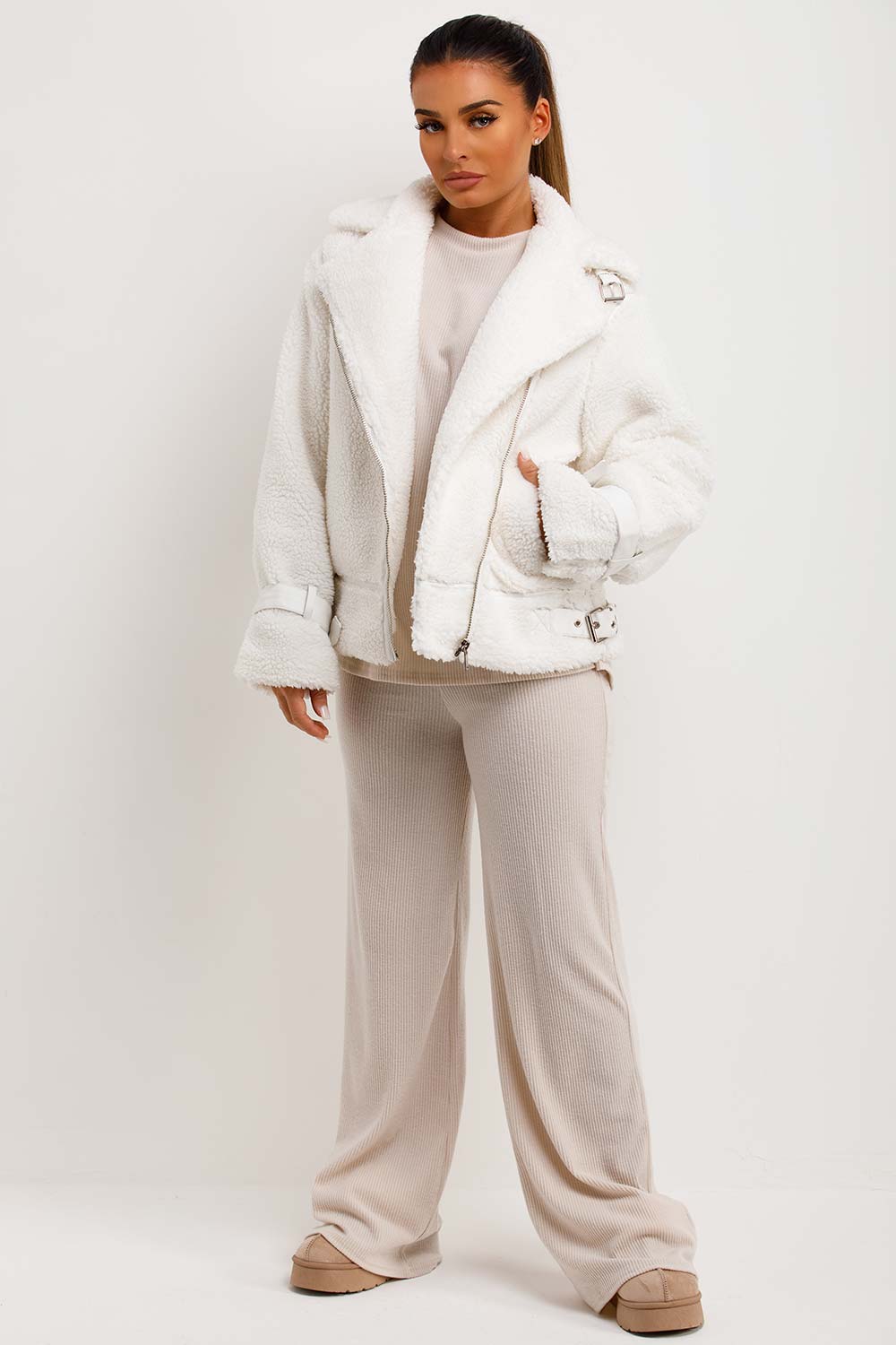 womens cream teddy jacket h&m