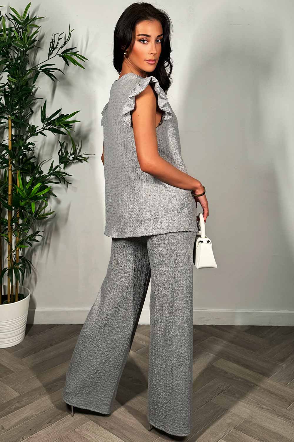 womens frill sleeve top and wide leg trousers two piece set summer holiday outfit