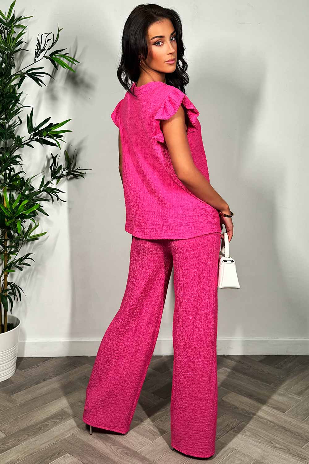 womens frill sleeve round neck top and wide leg trousers two piece set summer holiday outfit