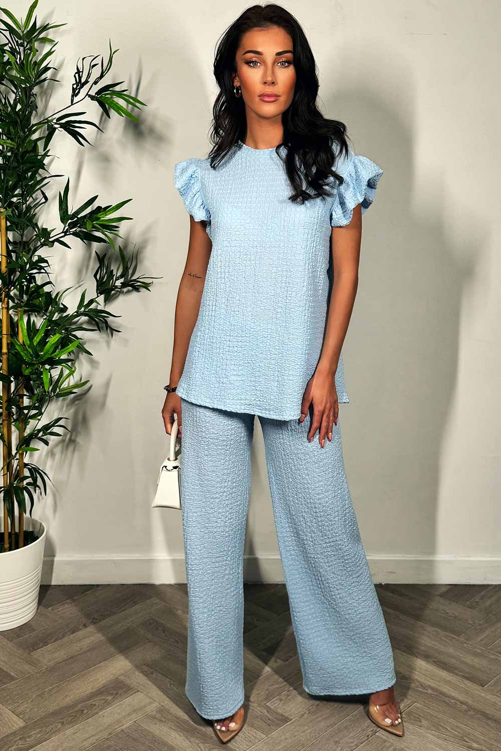 womens frill sleeve top and wide leg trousers two piece set summer holiday outfit