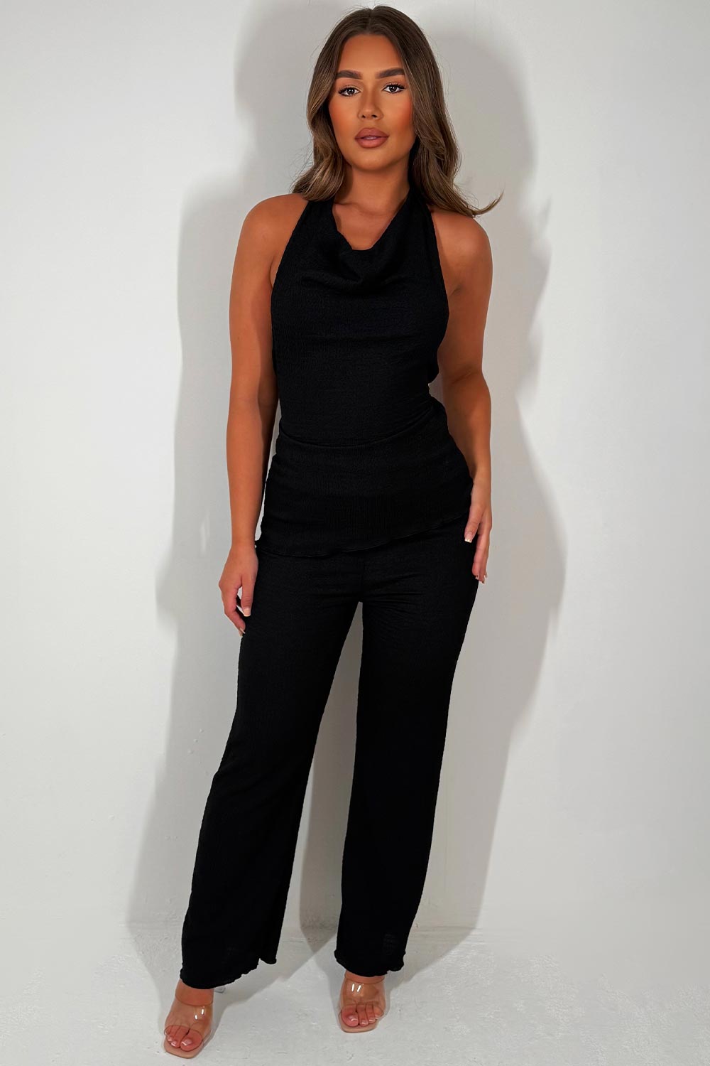 zara womens halter neck backless top and trousers two piece set styledup