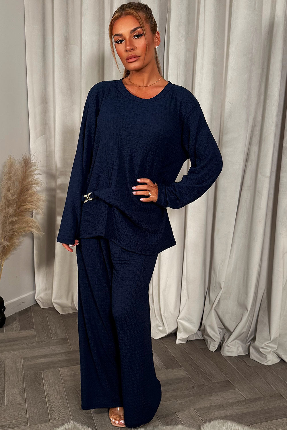 womens gold buckle long sleeve top and trousers co ord set styledup