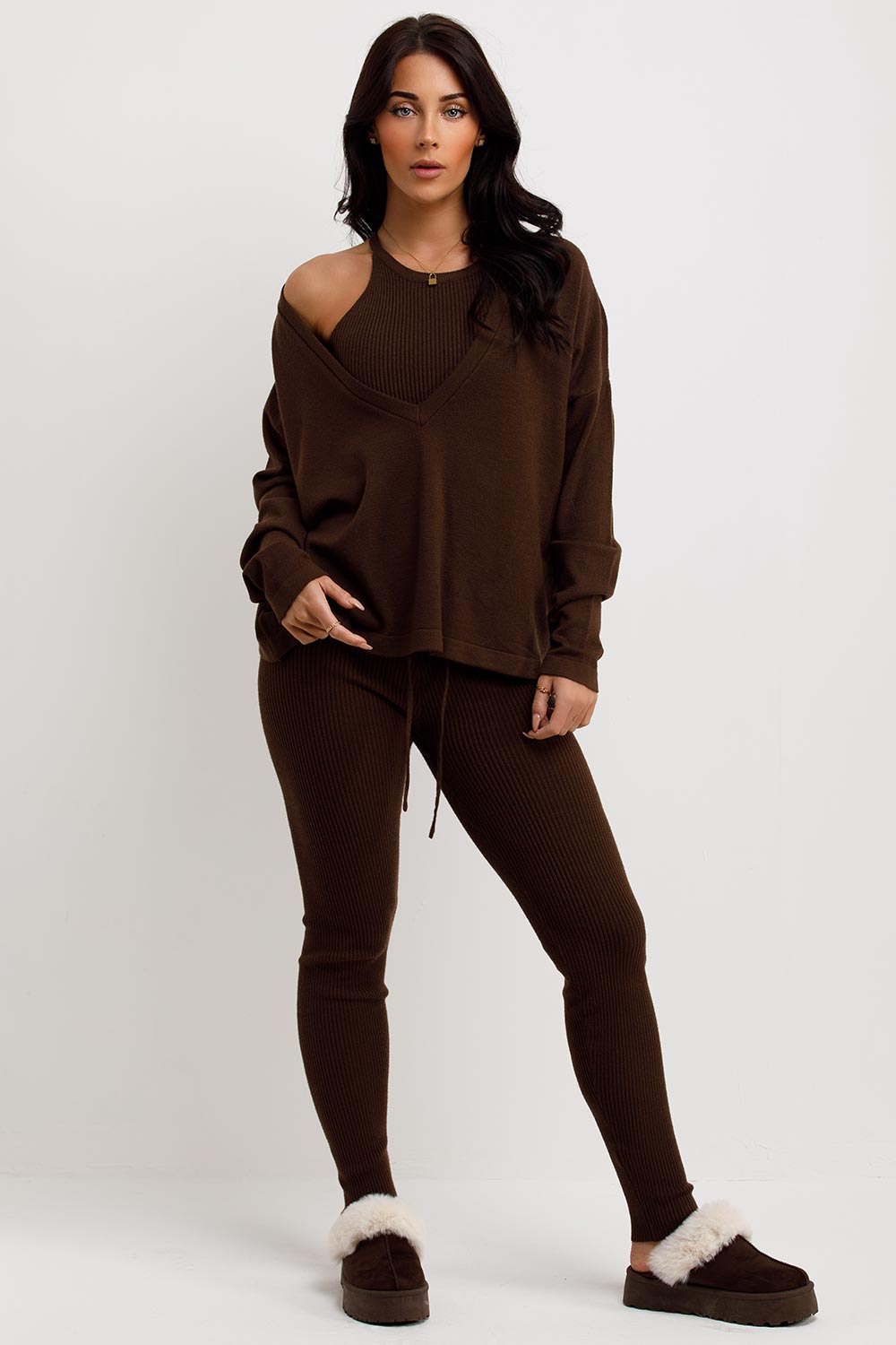 womens three piece lounge set brown