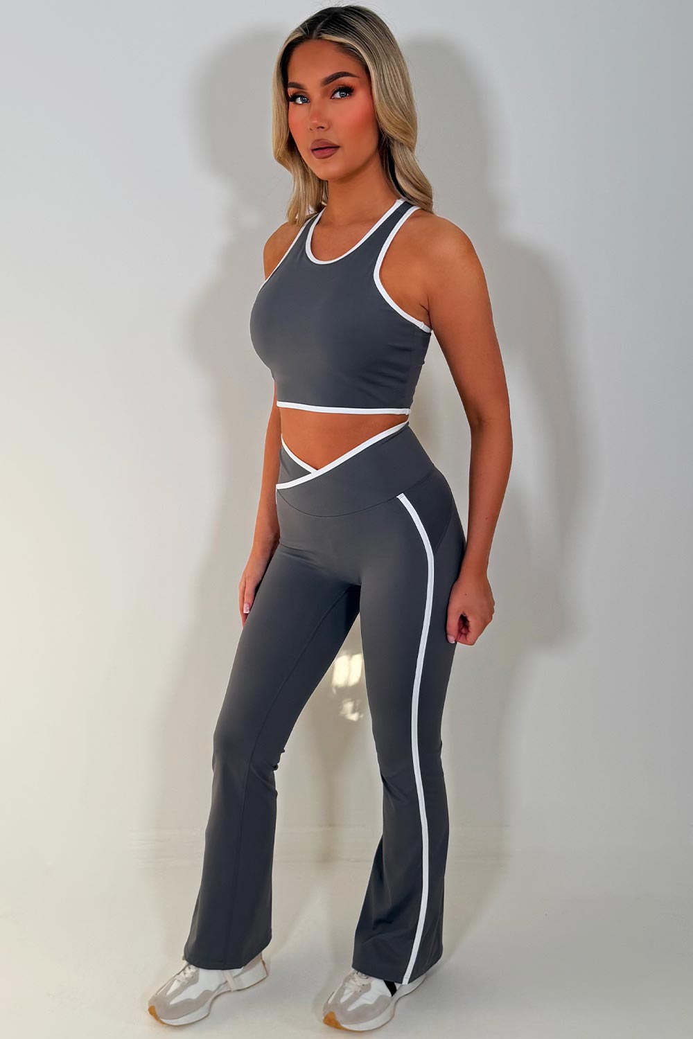 zip up sports jacket and scrunch bum flare pants 3 piece set matching outfit gym activewear styledup