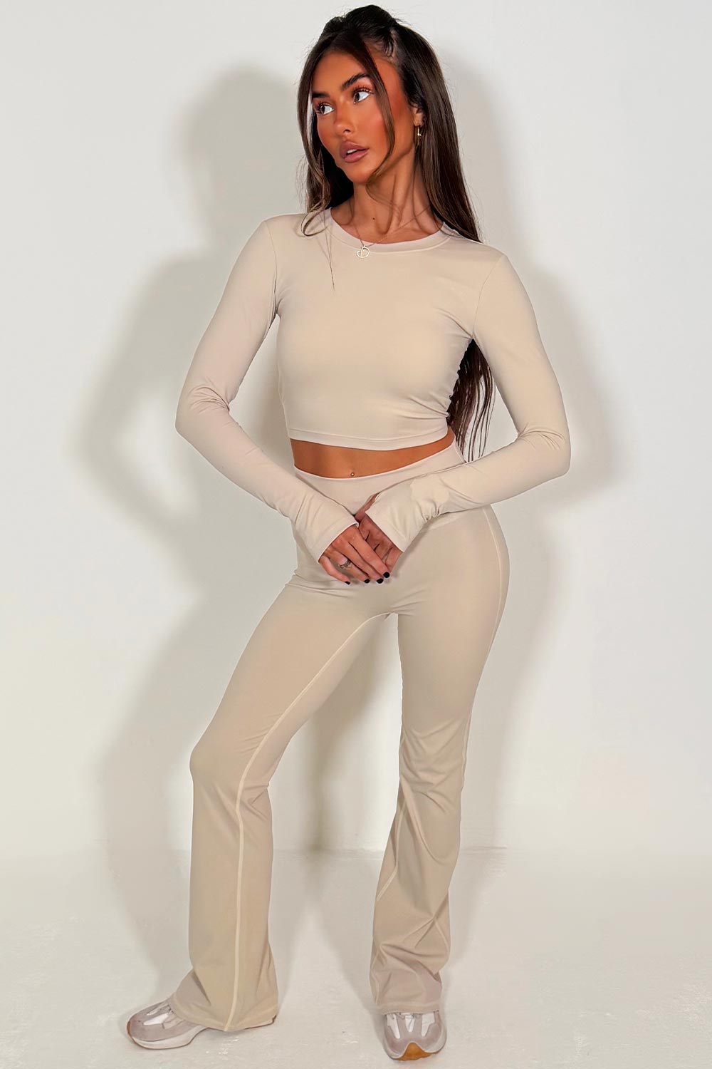 long sleeve backless crop top and flare trousers two piece lounge set beige