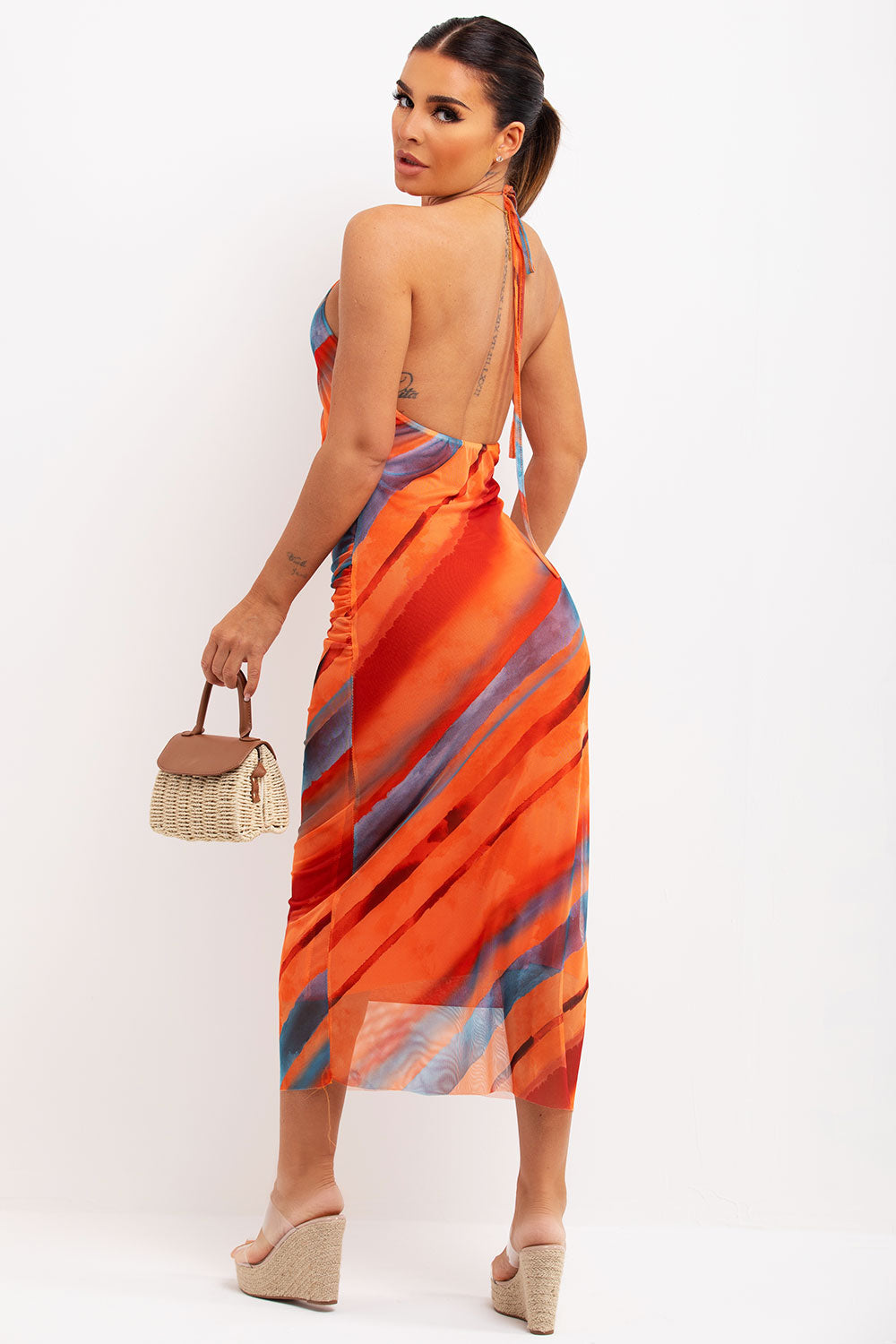 zara mesh halter neck printed tulle midi dress