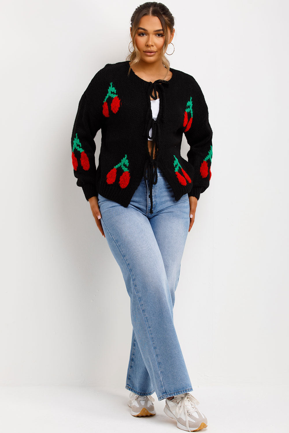 tie knot front cherry knitted cardigan womens