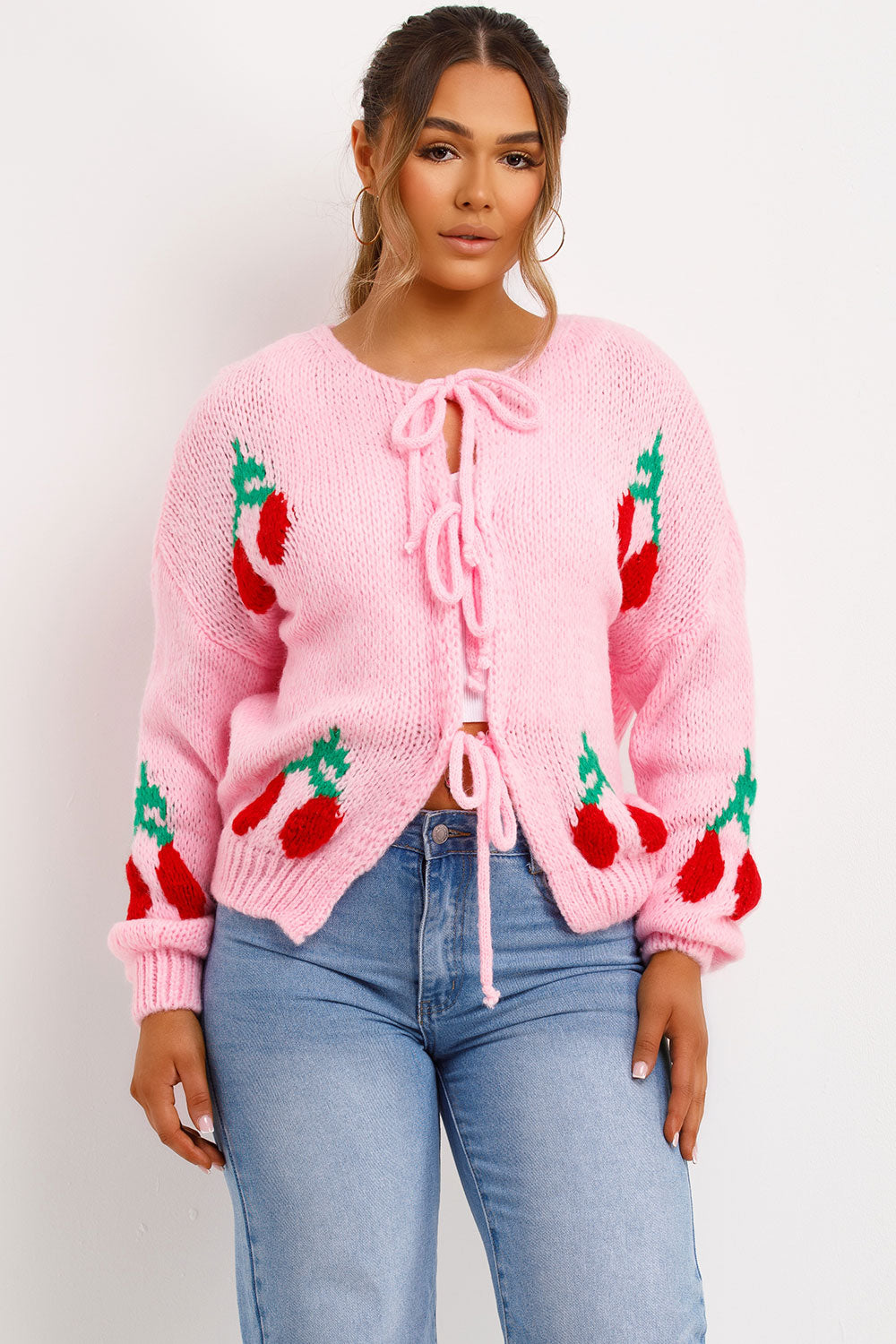 pink tie knot front cherry knitted cardigan womens styledup