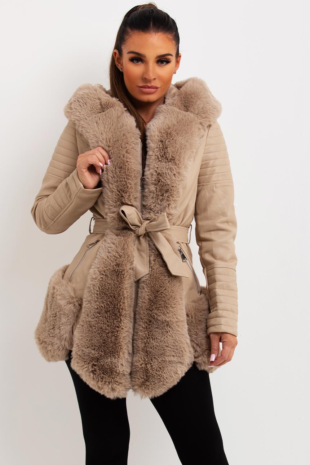 womens faux fur panelled faux leather jacket with hood