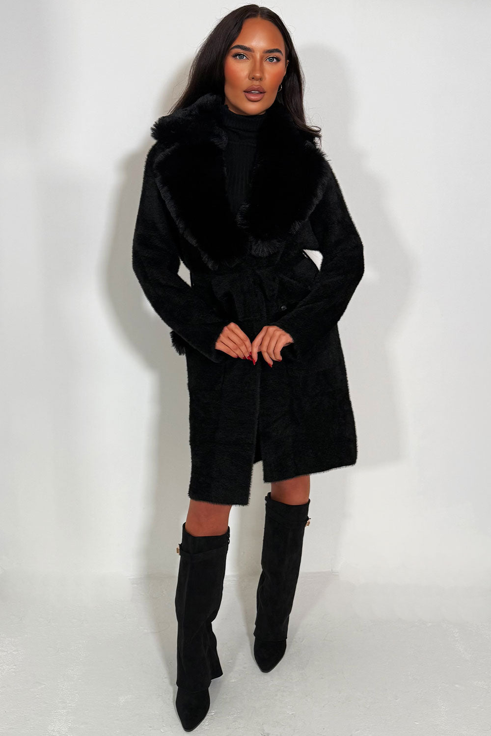 longline belted coat with fur collar and cuff styledup