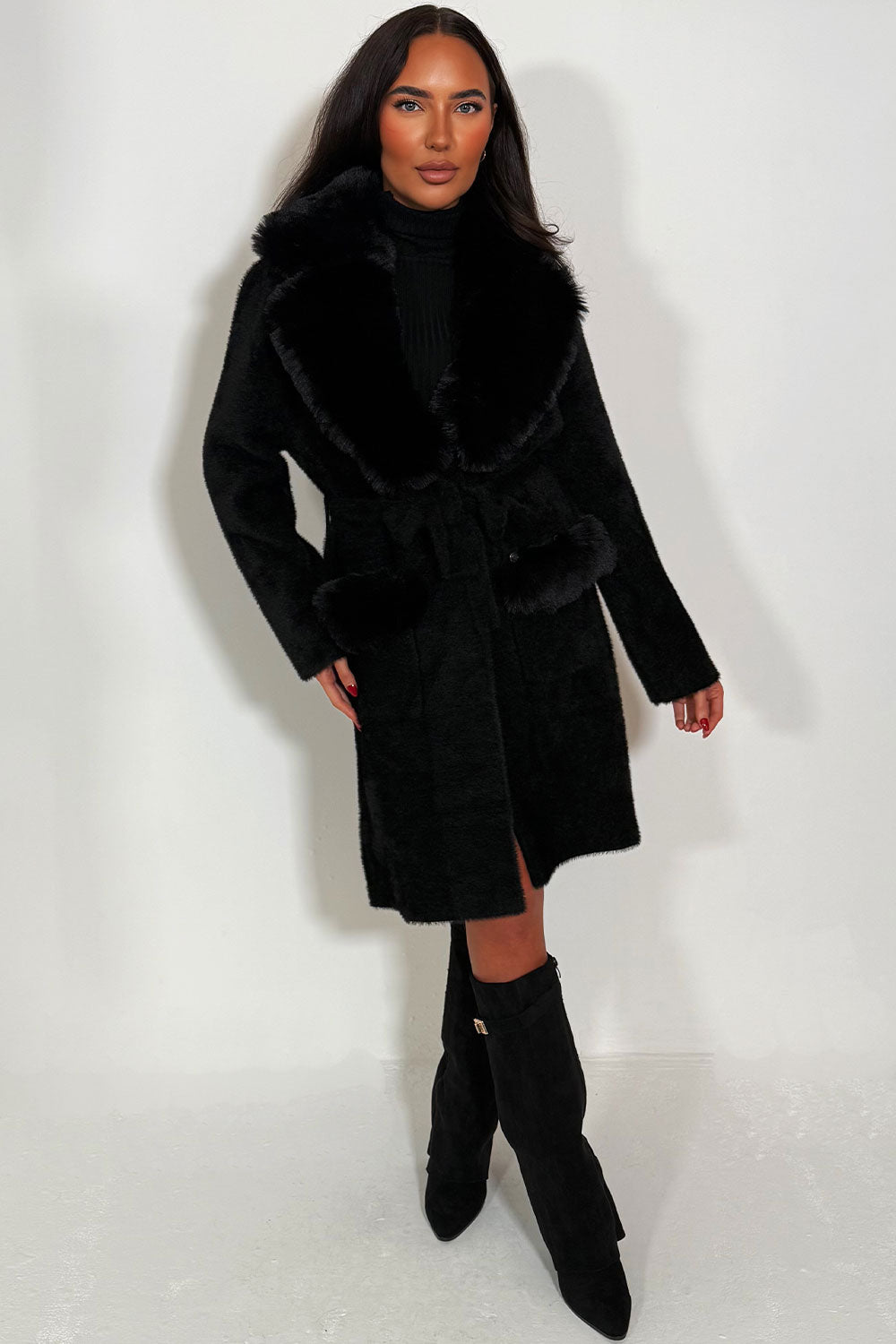 fur collar long belted coat for womens styledup