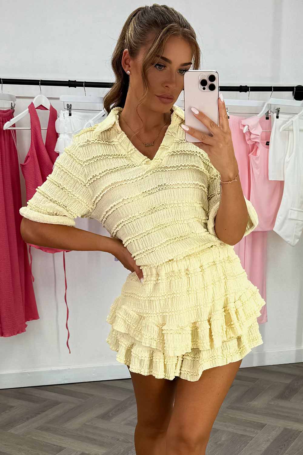 ruffle frilly shorts and top co ord set holiday outfit in yellow styledup