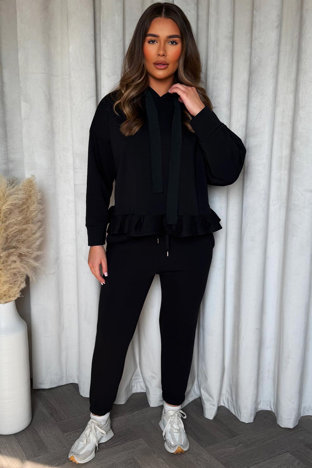 womens loungewear co ord set with hood peplum frill ruffle hem detail styledup