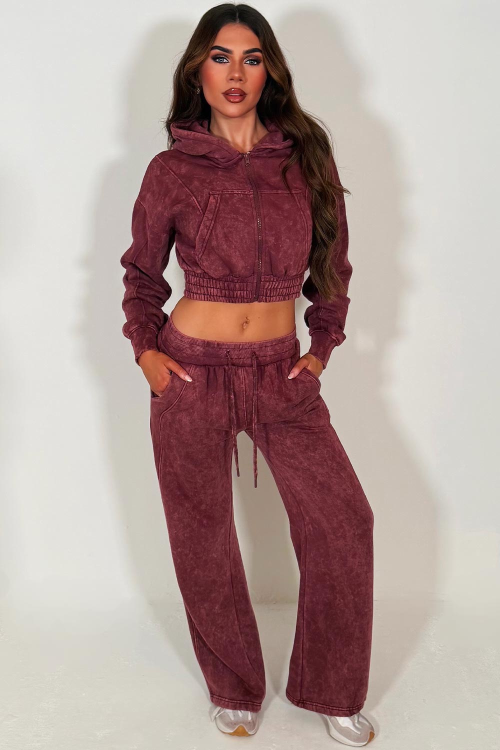 womens loungewear acid wash crop tracksuit co ord set airport outfit styledup