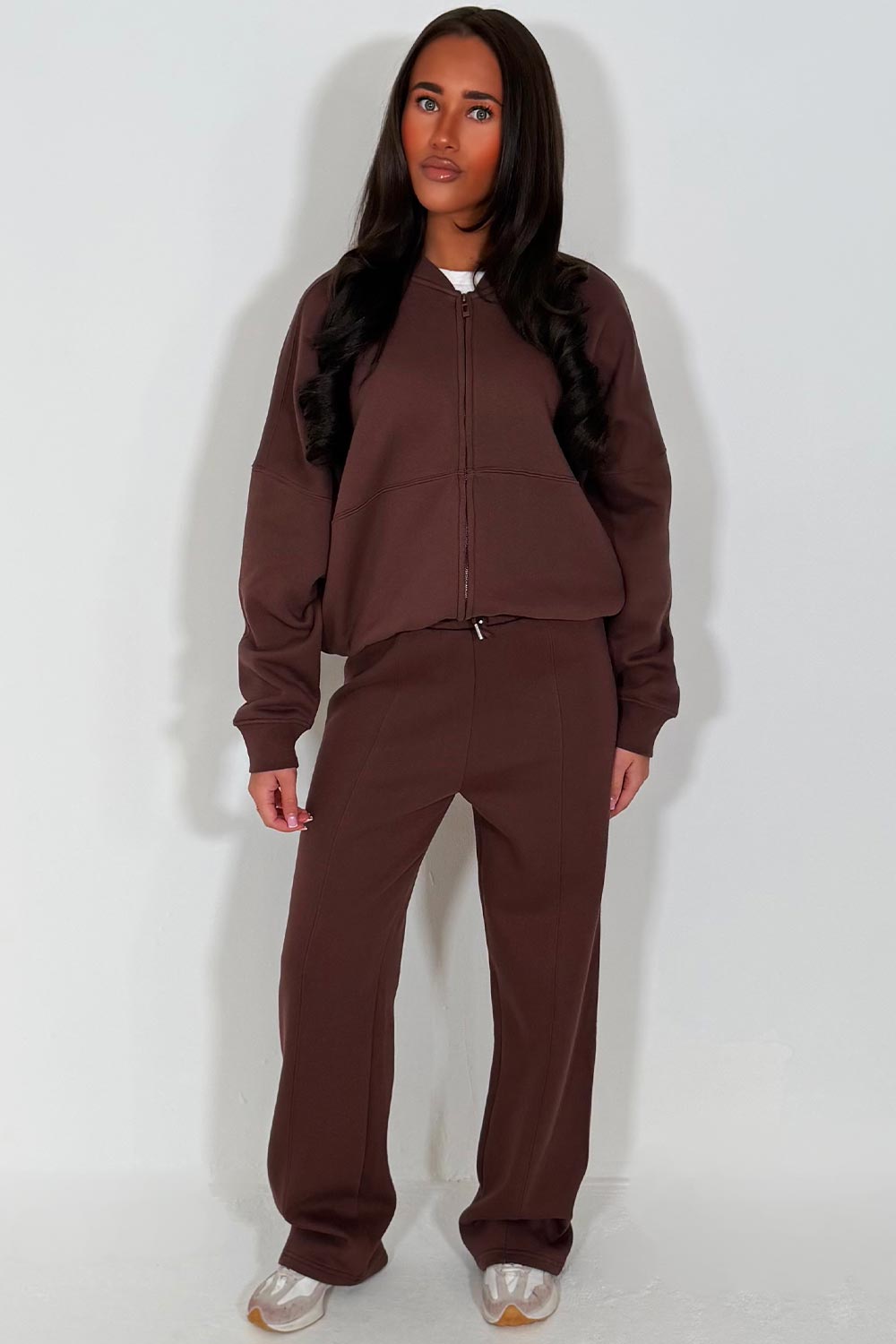 zara womens bomber sweatshirt and straight leg joggers loungewear brown set