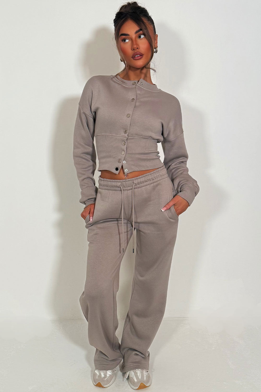 womens button up waist compress crop sweatshirt and joggers loungewear co ord set styledup casual comfy airport outfit set