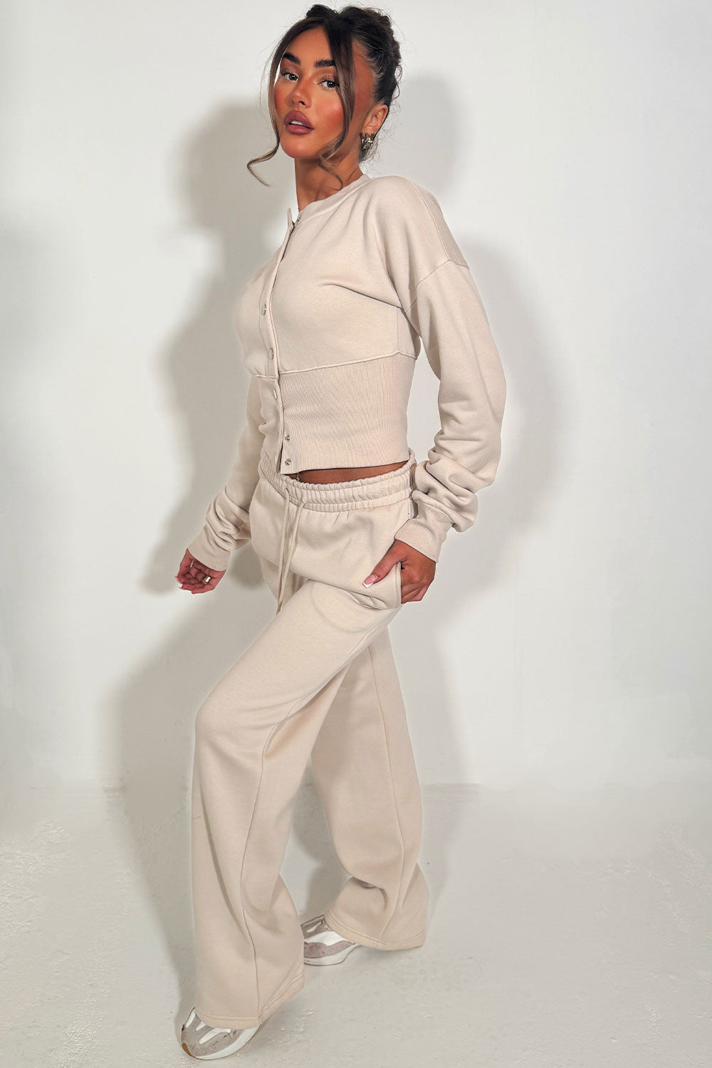 womens crop compress waist button up sweatshirt and wide leg jogger two piece tracksuit set loungewear co ord