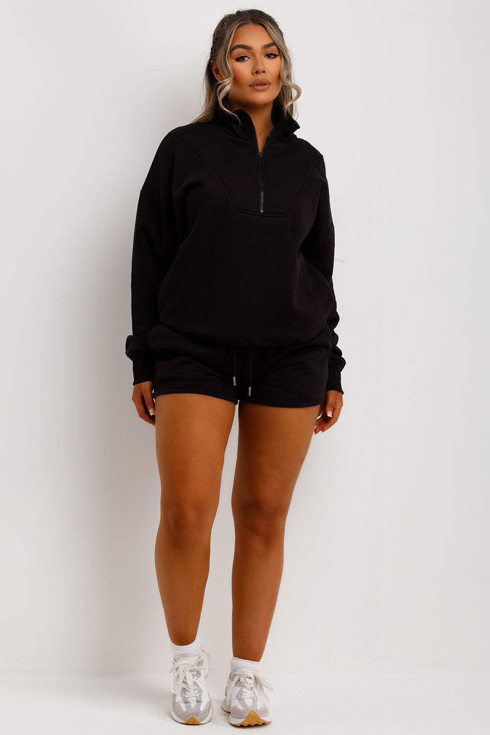 womens black sweatshirt and shorts tracksuit set