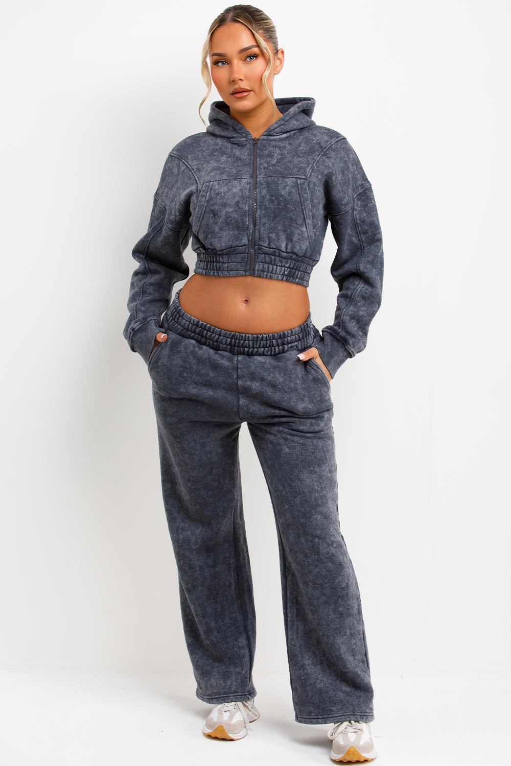 wide leg joggers and crop zip up hoodie tracksuit set womens airport outfit set acid wash grey