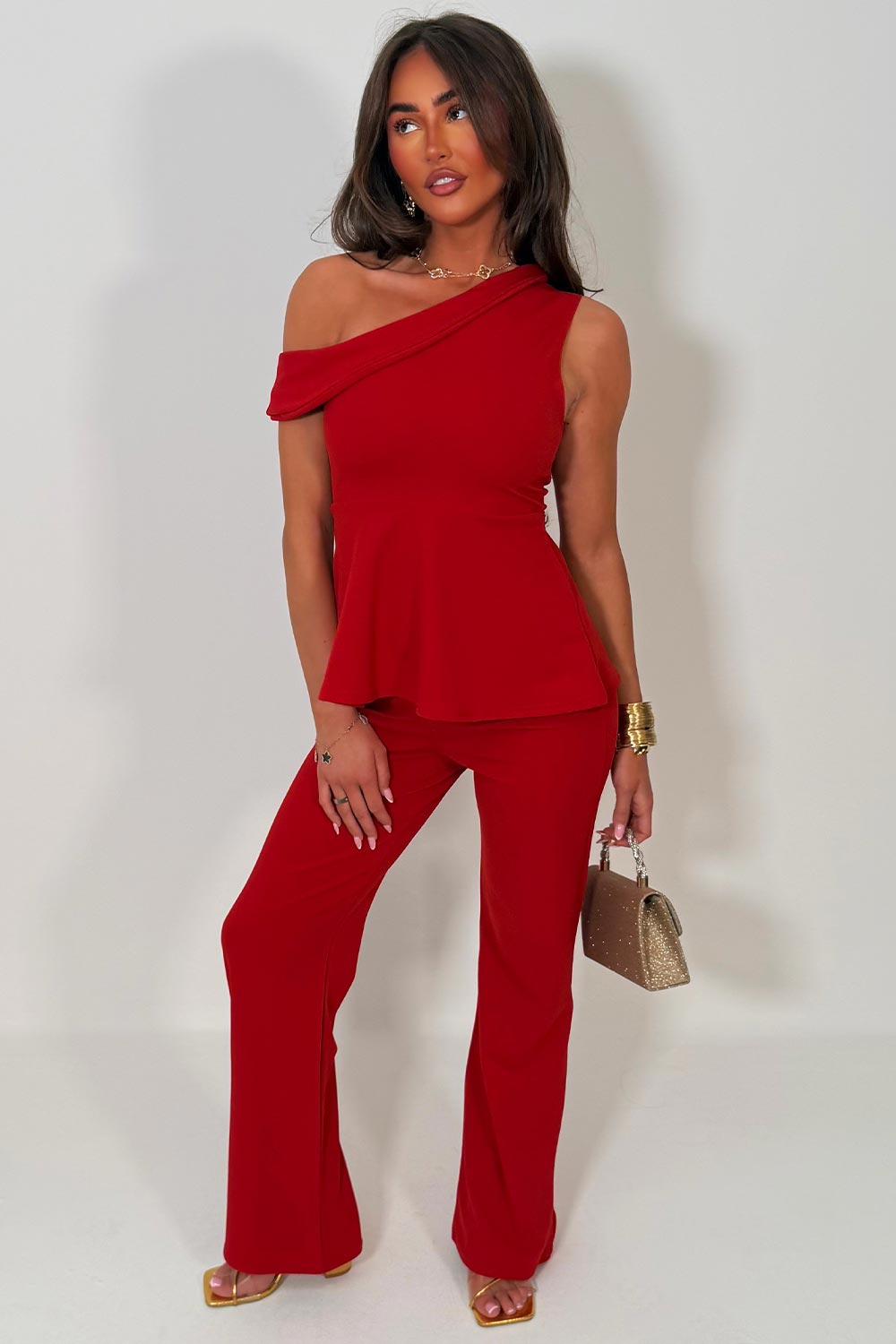 womens one shoulder peplum top and wide leg trousers two piece co ord night out occasion outfit set