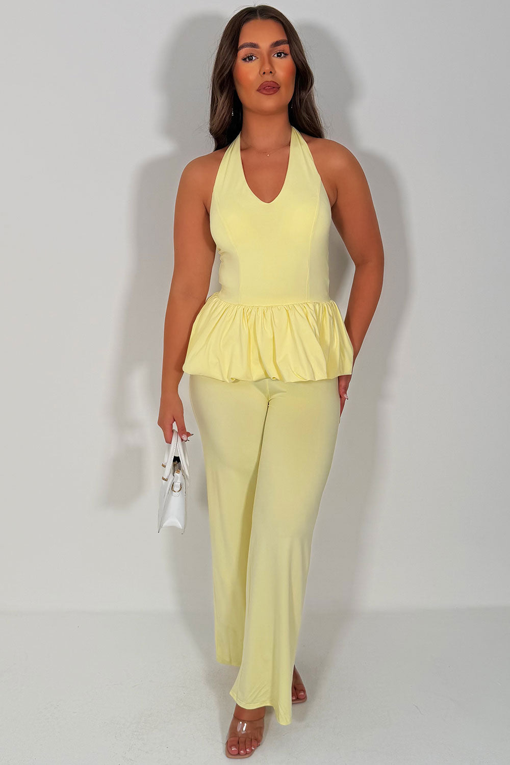 womens halterneck peplum top and trousers co ord set styledup uk