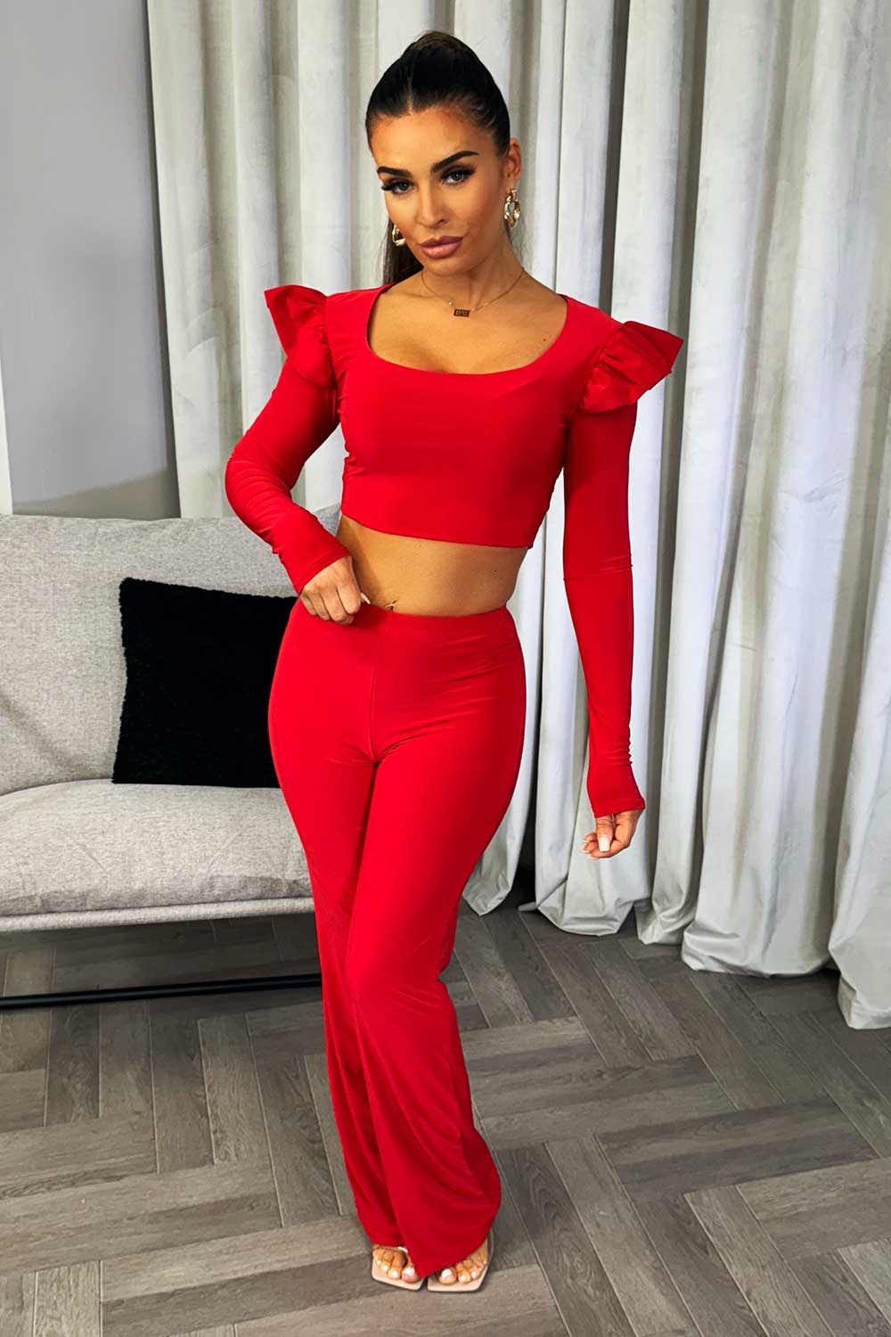 frill shoulder long sleeve crop top and trousers co ord set going out christmas party outfit