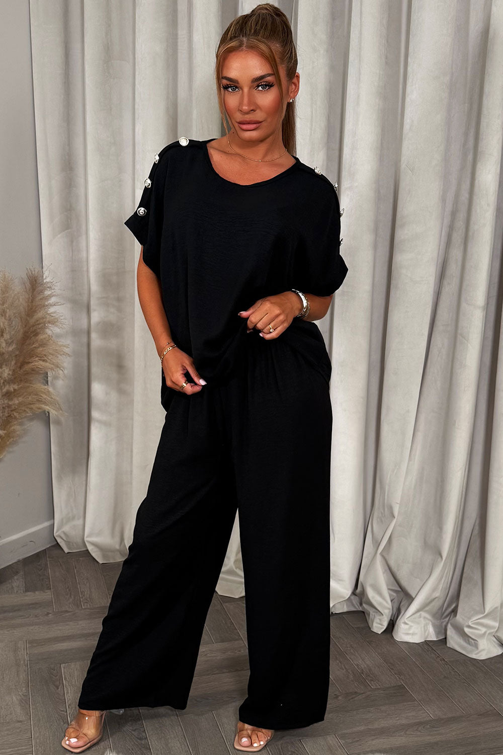 womens gold button oversized top and trousers two piece co ord set christmas party outfit