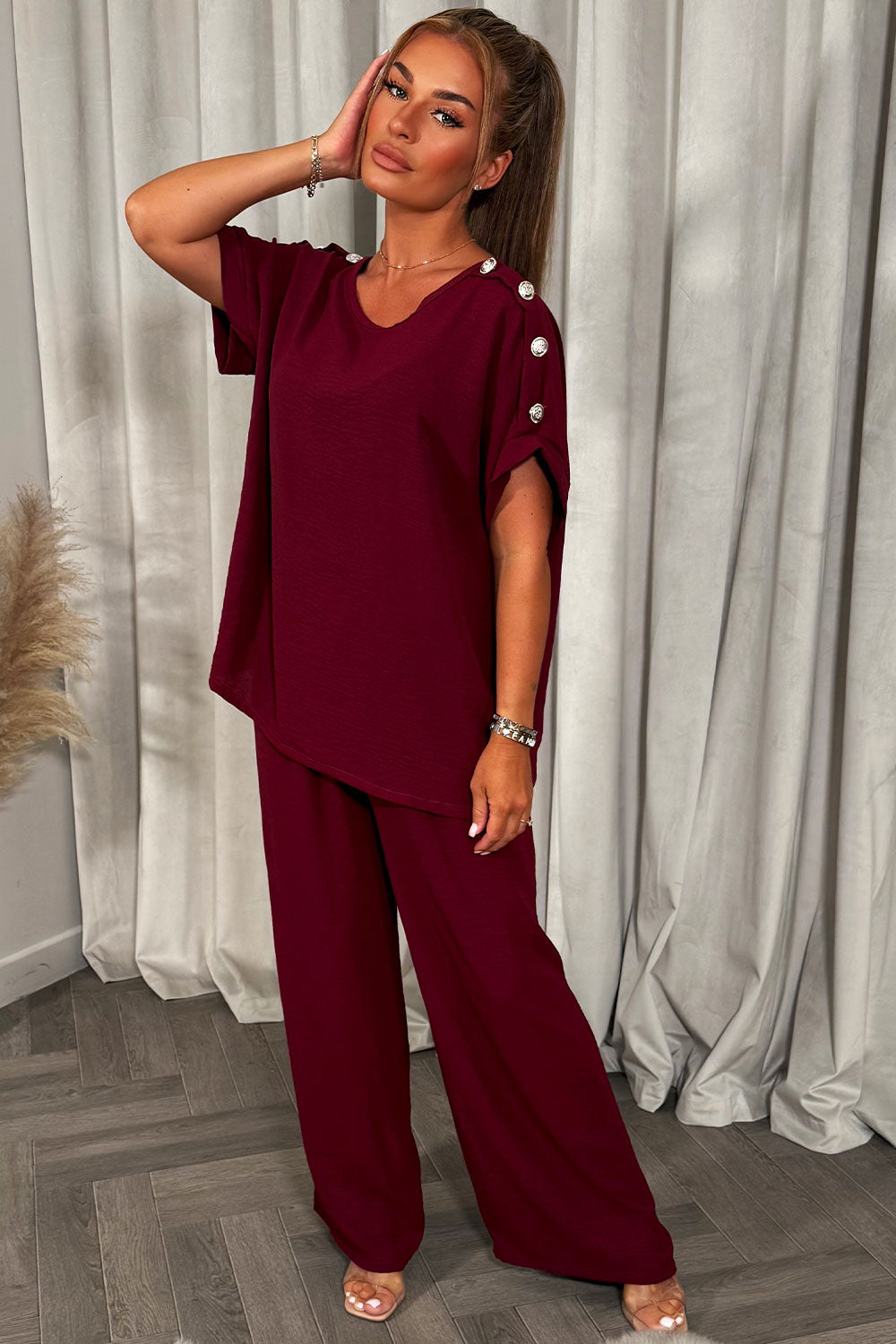 womens gold button oversized top and trousers two piece co ord set christmas party outfit