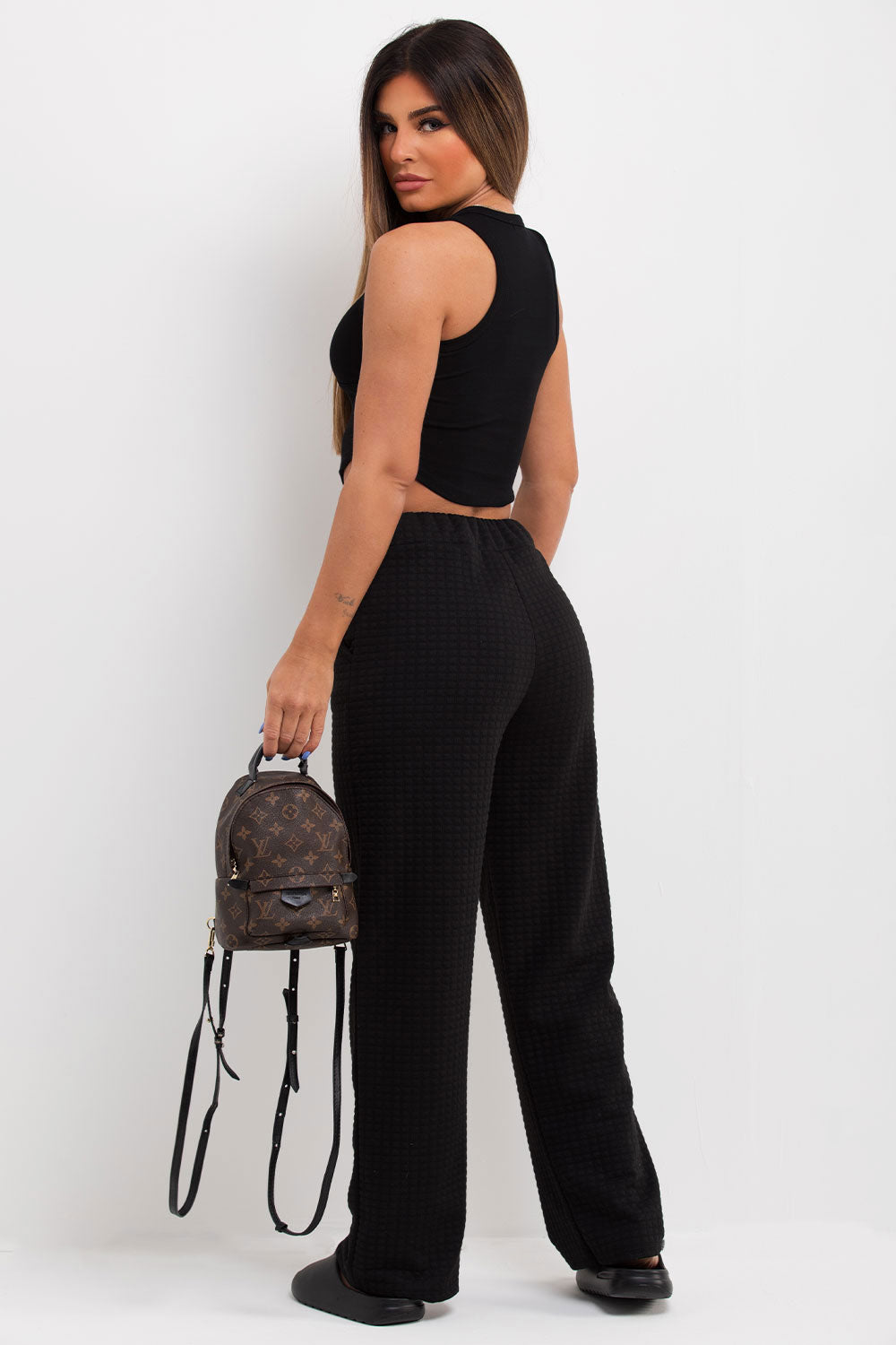 quilted wide leg trousers womens