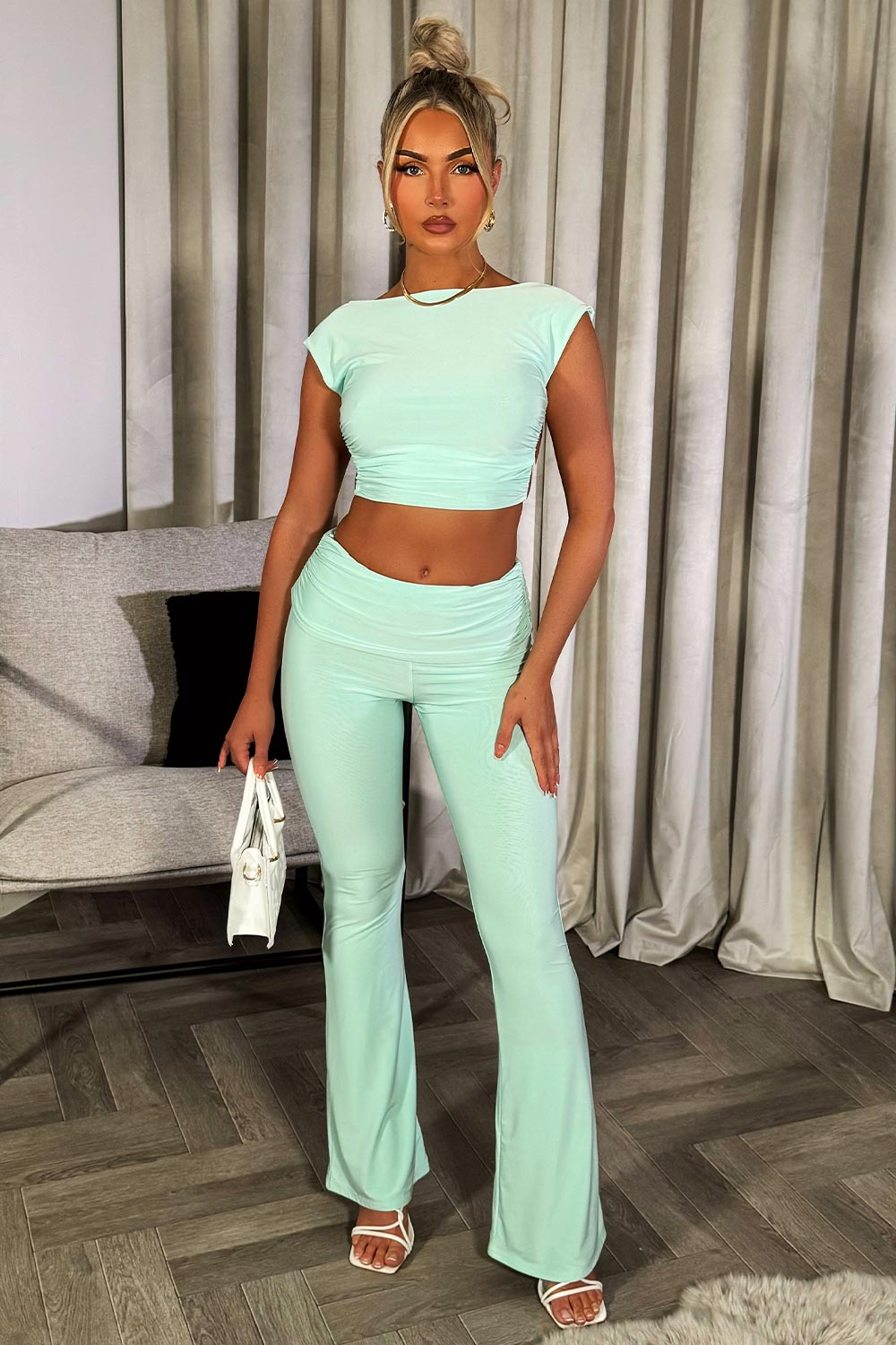 backless crop top and fold detail skinny flare trousers co ord set going out summer occasion outfit